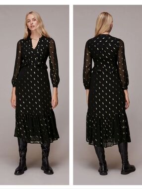 Whistles Black Dobby Metallic Midi Dress Size 6